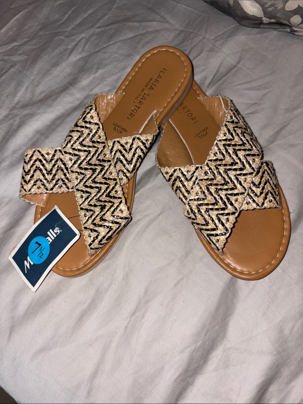 Ilania Santori Tan Leather Slide Sandals with Black & Natural Woven Straps